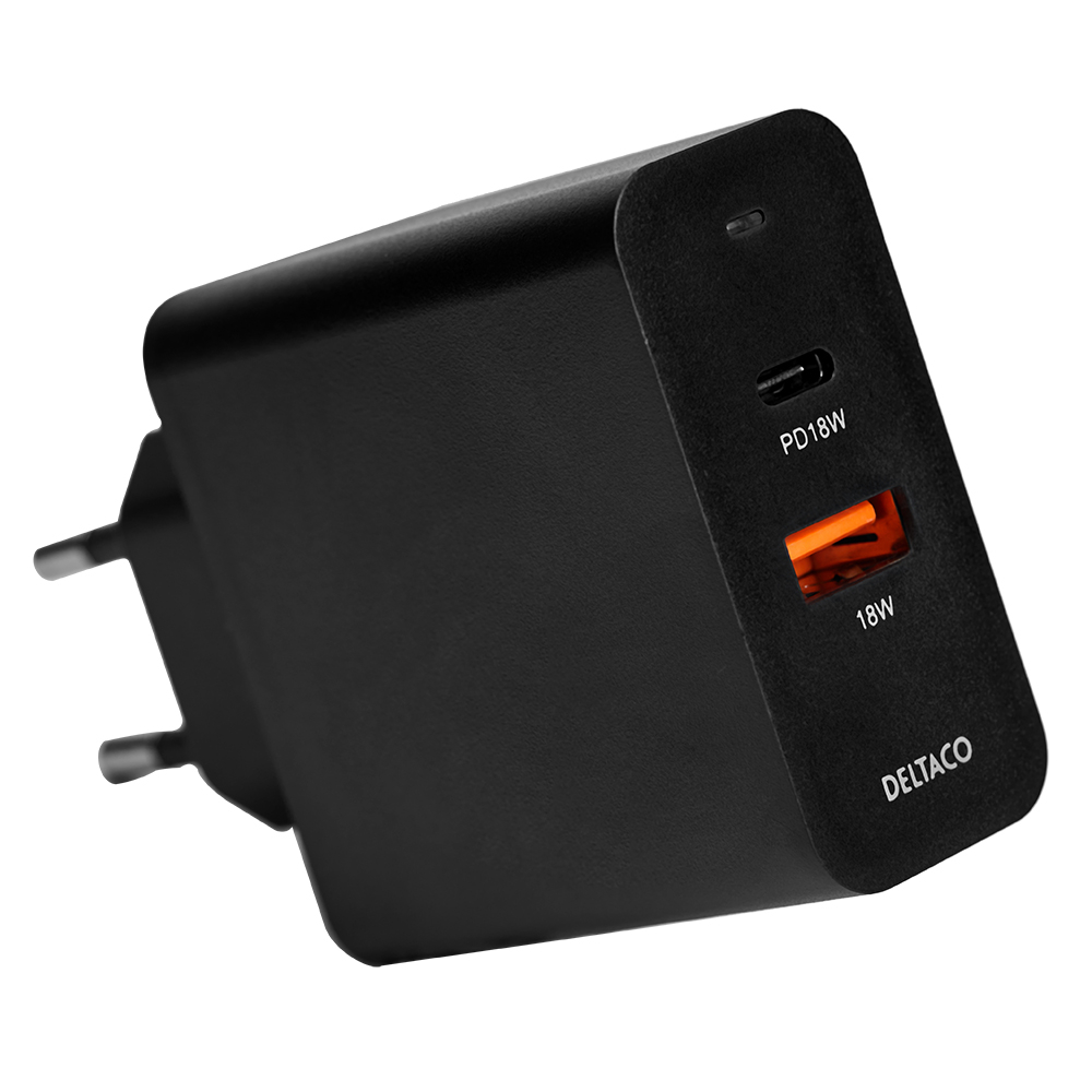 Deltaco väggladdare med USB-C och USB-A, PD, 36W, svart