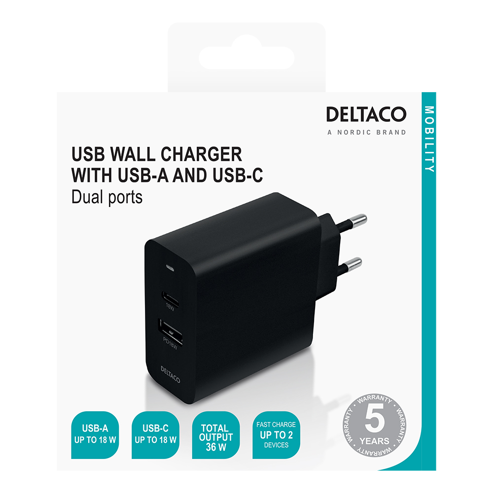 Deltaco väggladdare med USB-C och USB-A, PD, 36W, svart