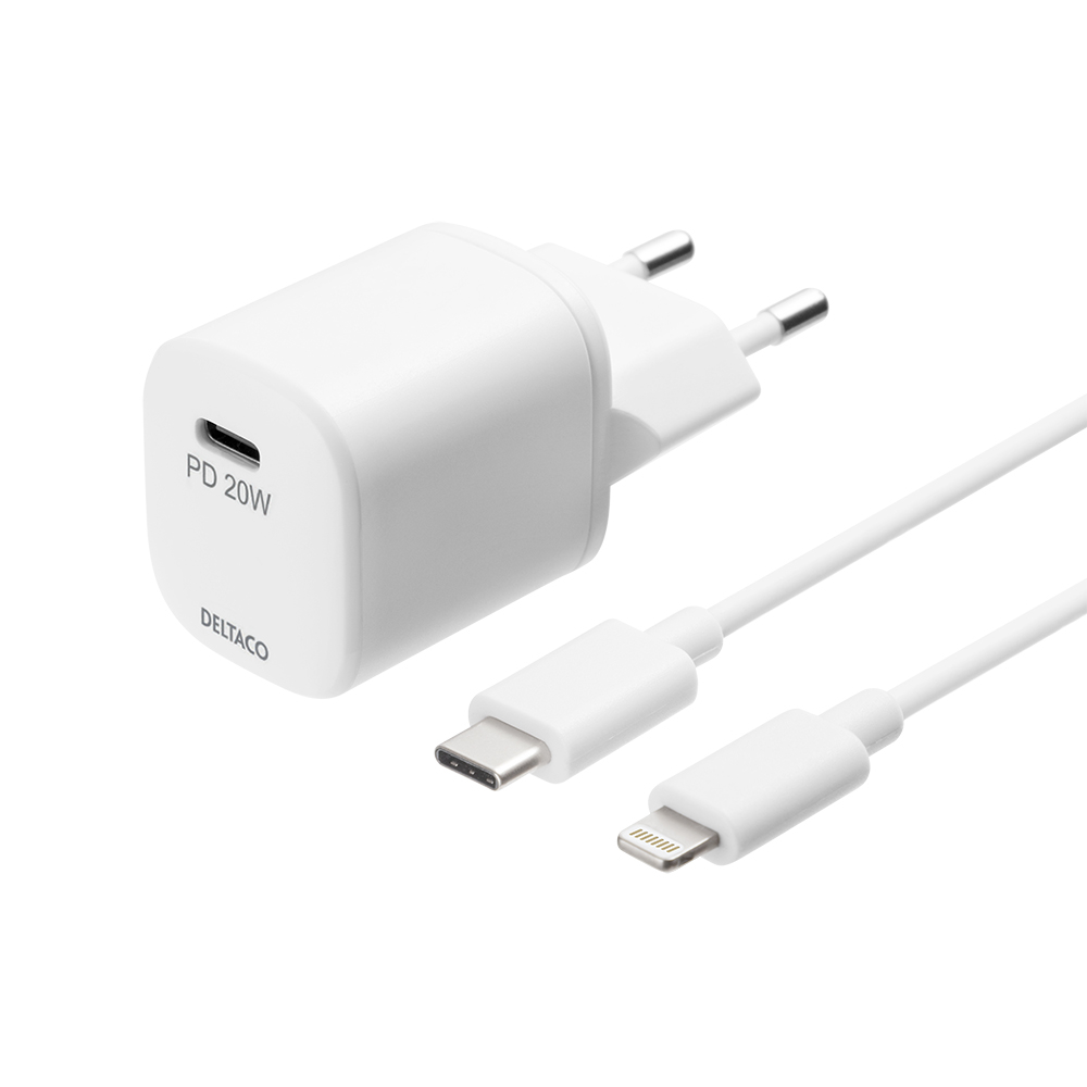 Deltaco USB-C väggladdare+USB-C-Lightning-kabel, PD, 20W, vit