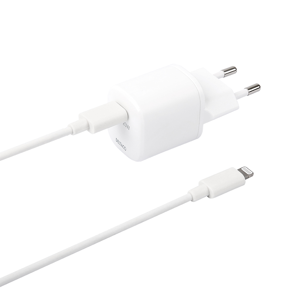 Deltaco USB-C väggladdare+USB-C-Lightning-kabel, PD, 20W, vit