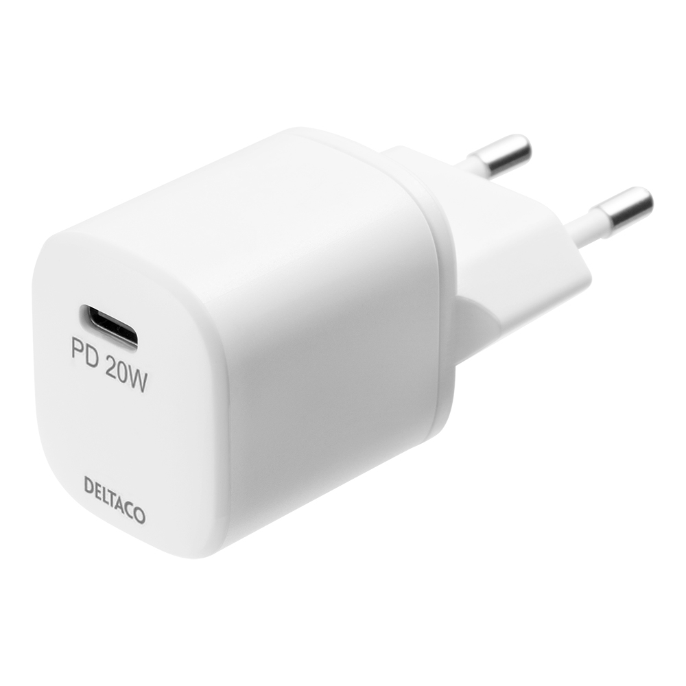 Deltaco USB-C väggladdare+USB-C-Lightning-kabel, PD, 20W, vit