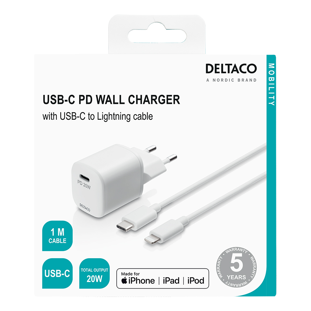 Deltaco USB-C väggladdare+USB-C-Lightning-kabel, PD, 20W, vit