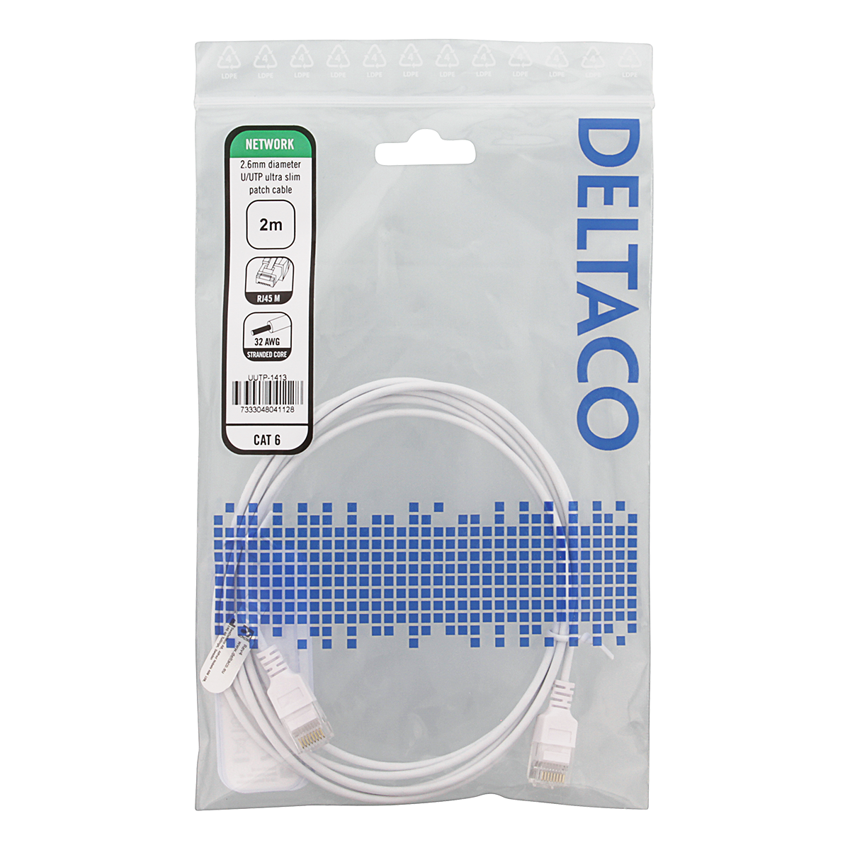 Deltaco Ultra Slim U/UTP Cat.6 patchkabel, 2.6mm, 2m, vit