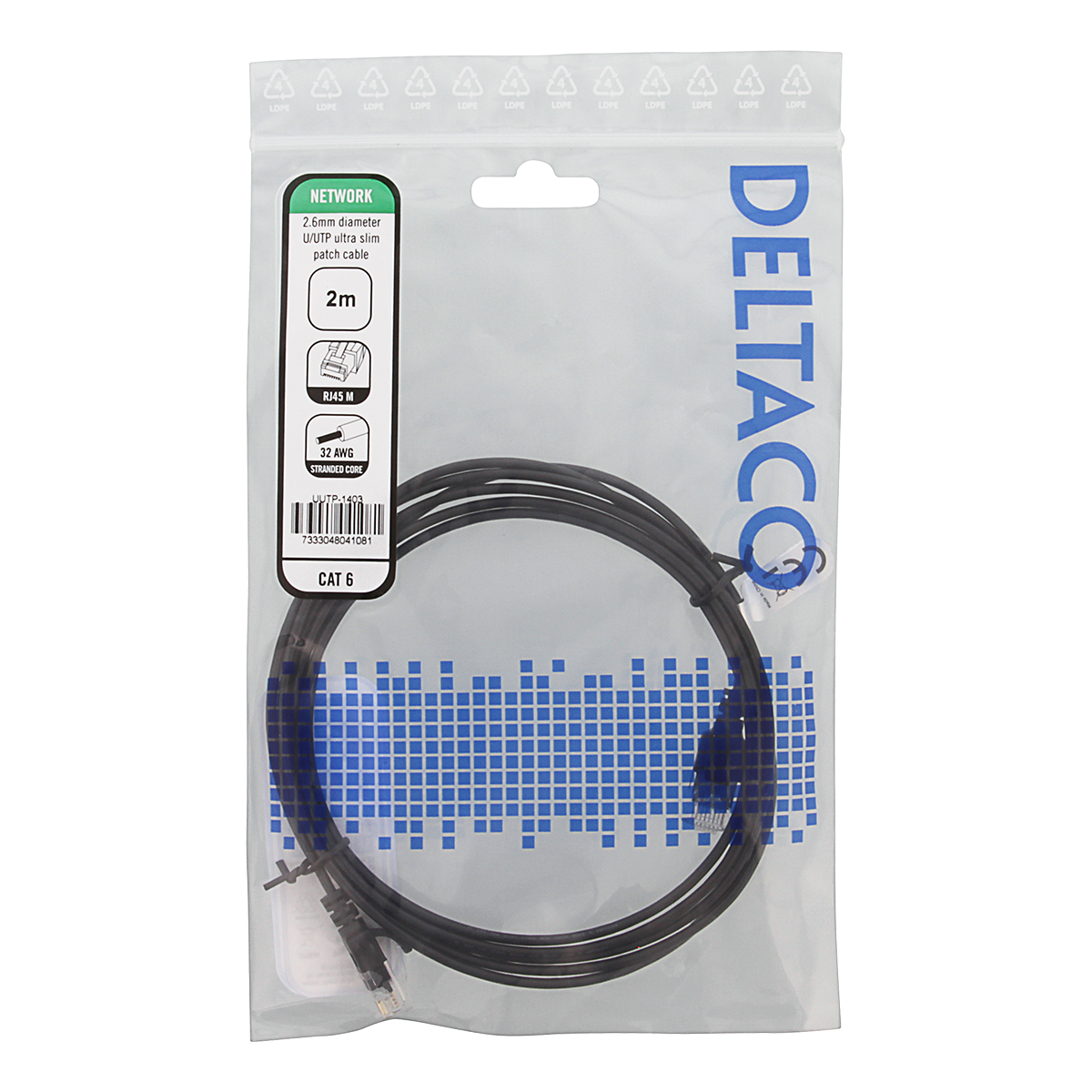 Deltaco Ultra Slim U/UTP Cat.6 patchkabel, 2.6mm, 2m, svart