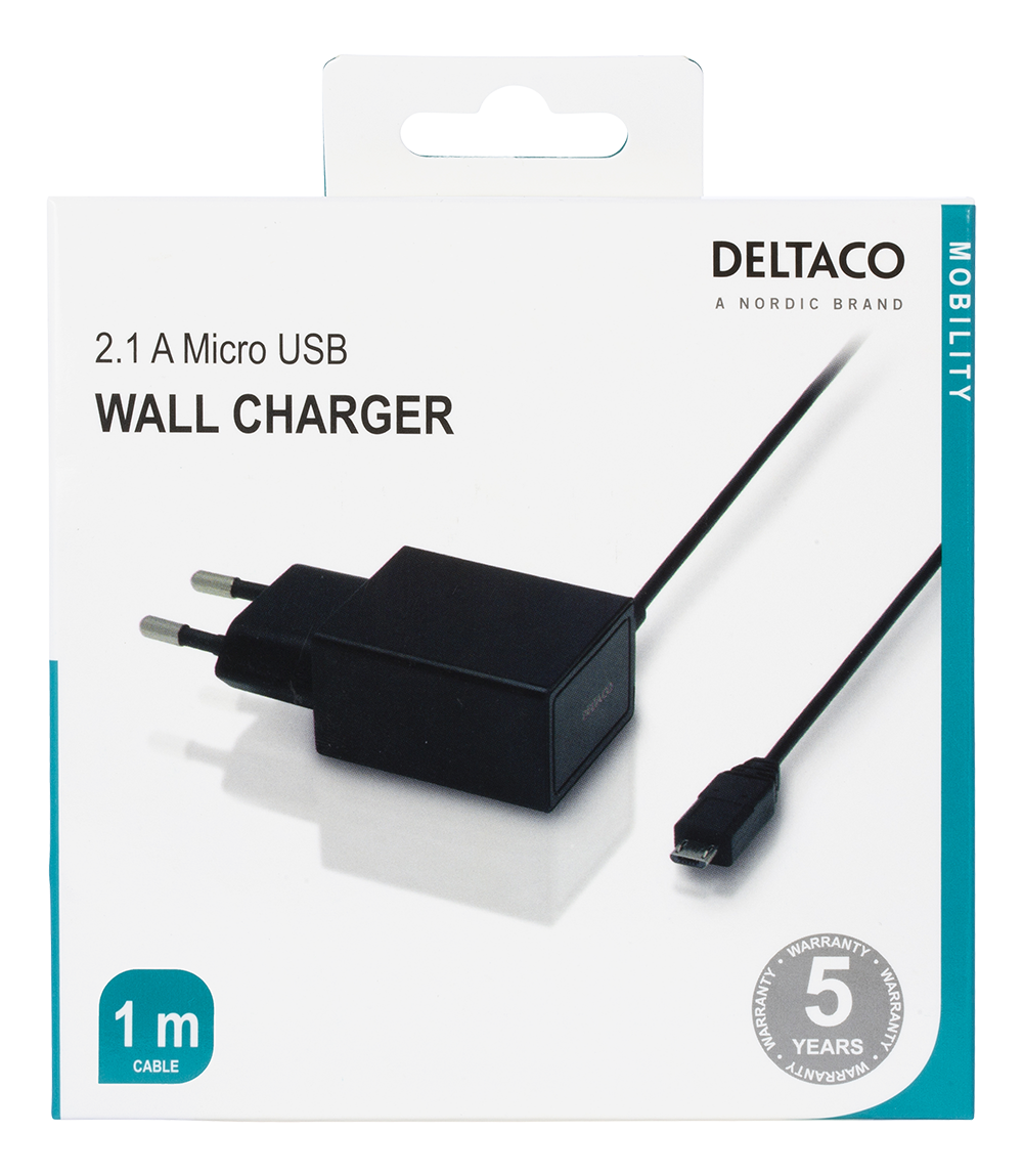 DELTACO Väggladdare 230V till 5V USB, 2.1A, 1x USB Micro B, 1m, svart