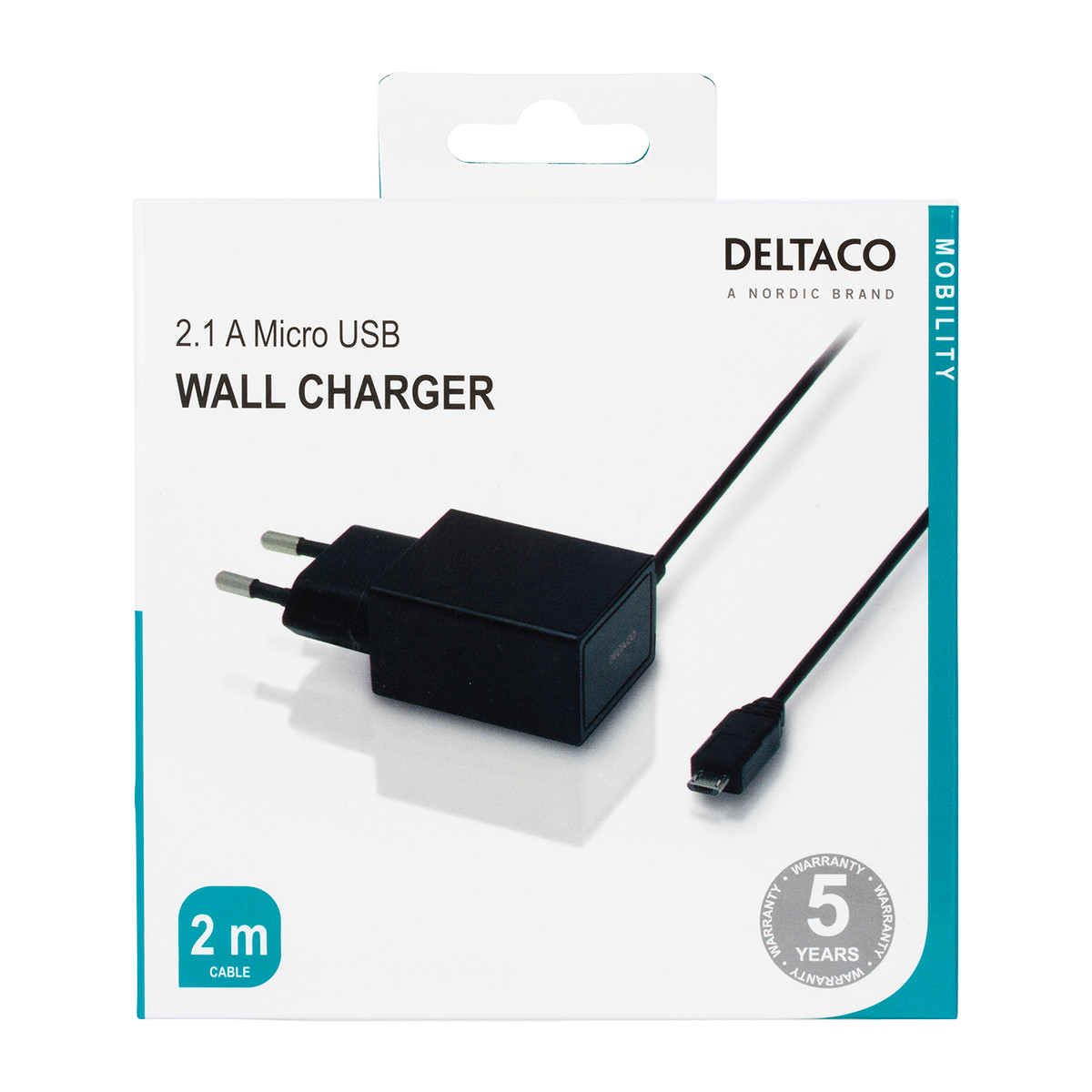 DELTACO Väggladdare 230V till 5V USB, 2.1A, 1x USB Micro B, 2m, svart