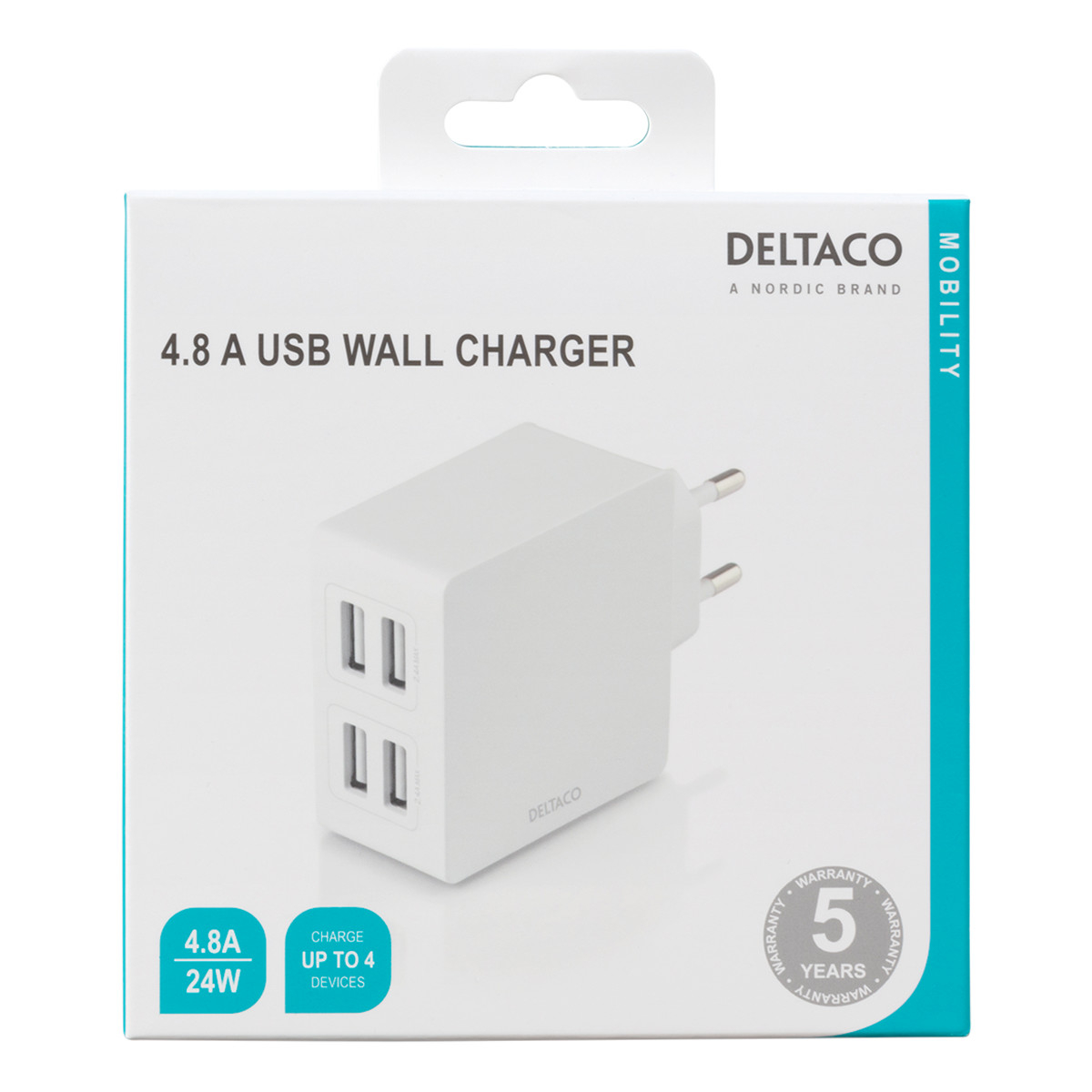 Deltaco Väggladdare, 4xUSB-A, 2.4A, 24W, vit