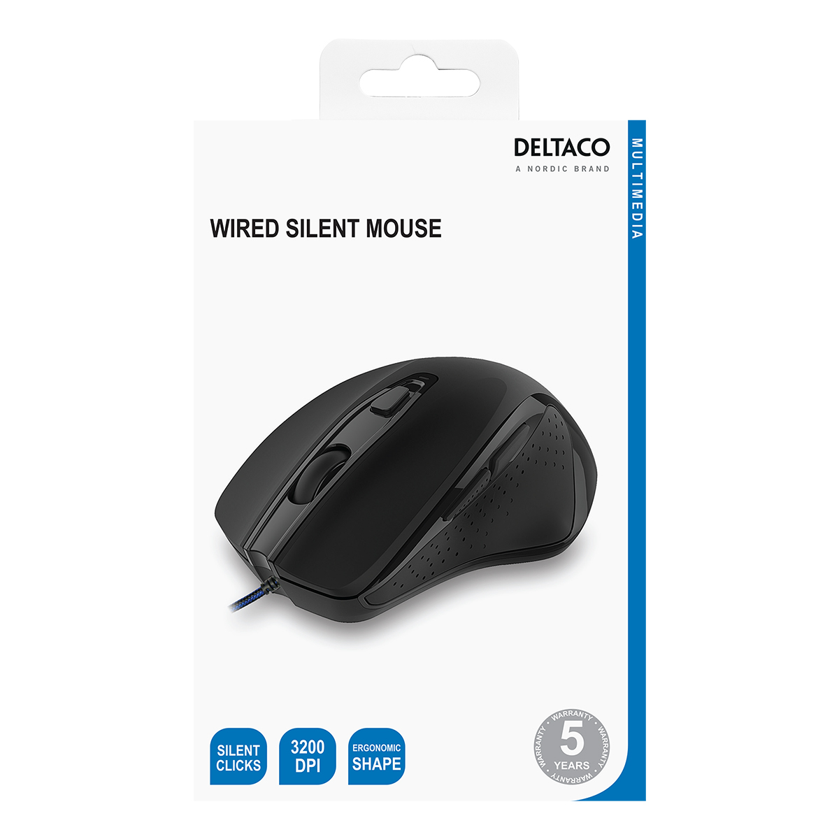 Deltaco trådad tyst mus, ergonomisk, 12W