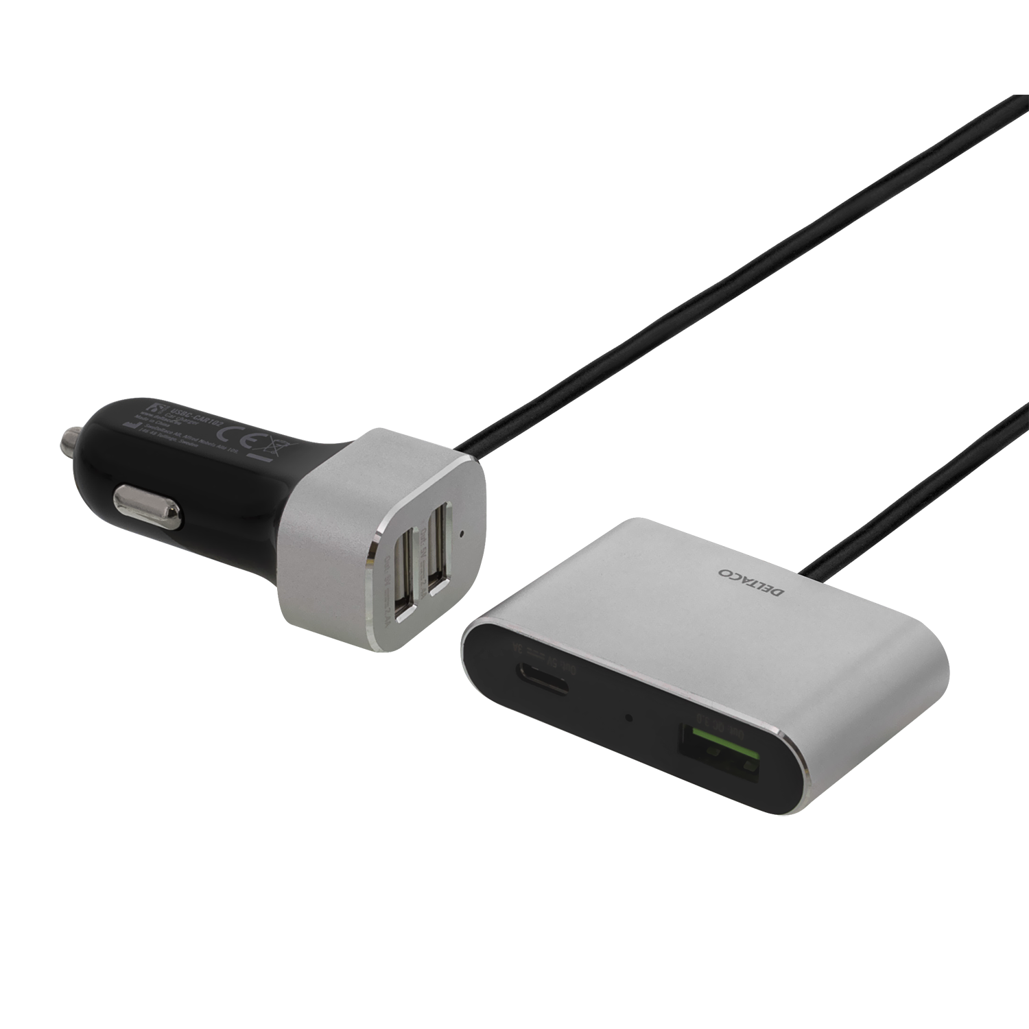 DELTACO billaddare, USB-C, USB-A och Quick Charge 3.0, 10.8A