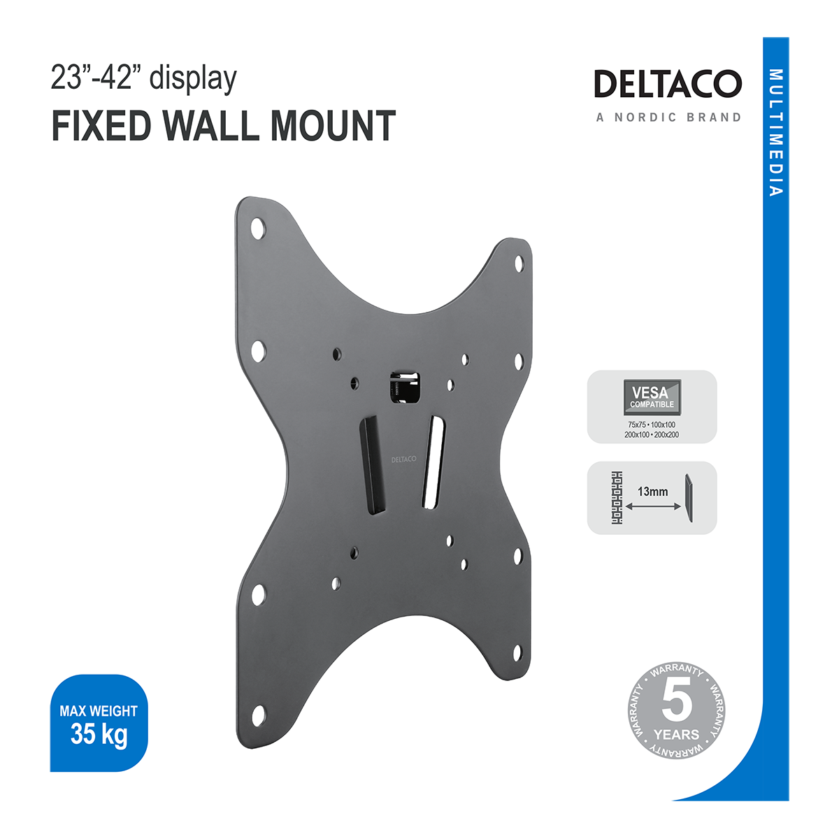 DELTACO Fixerat väggfäste för upp till 35kg, 75x75-200x200