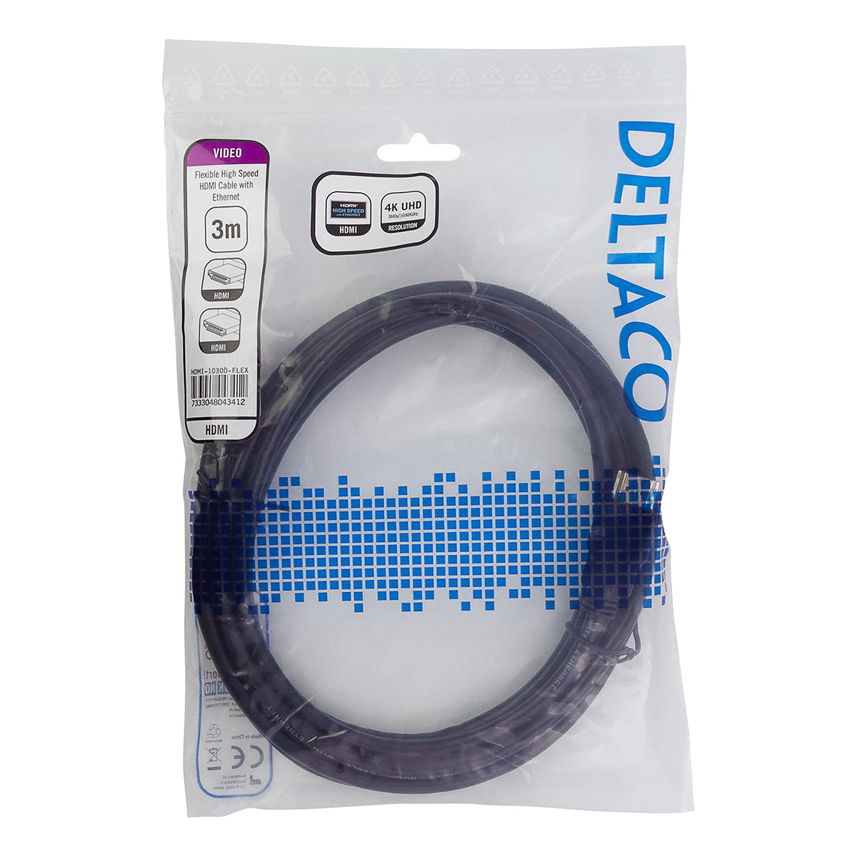 DELTACO flexibel HDMI-kabel, 4K UltraHD i 60Hz, 3m, svart