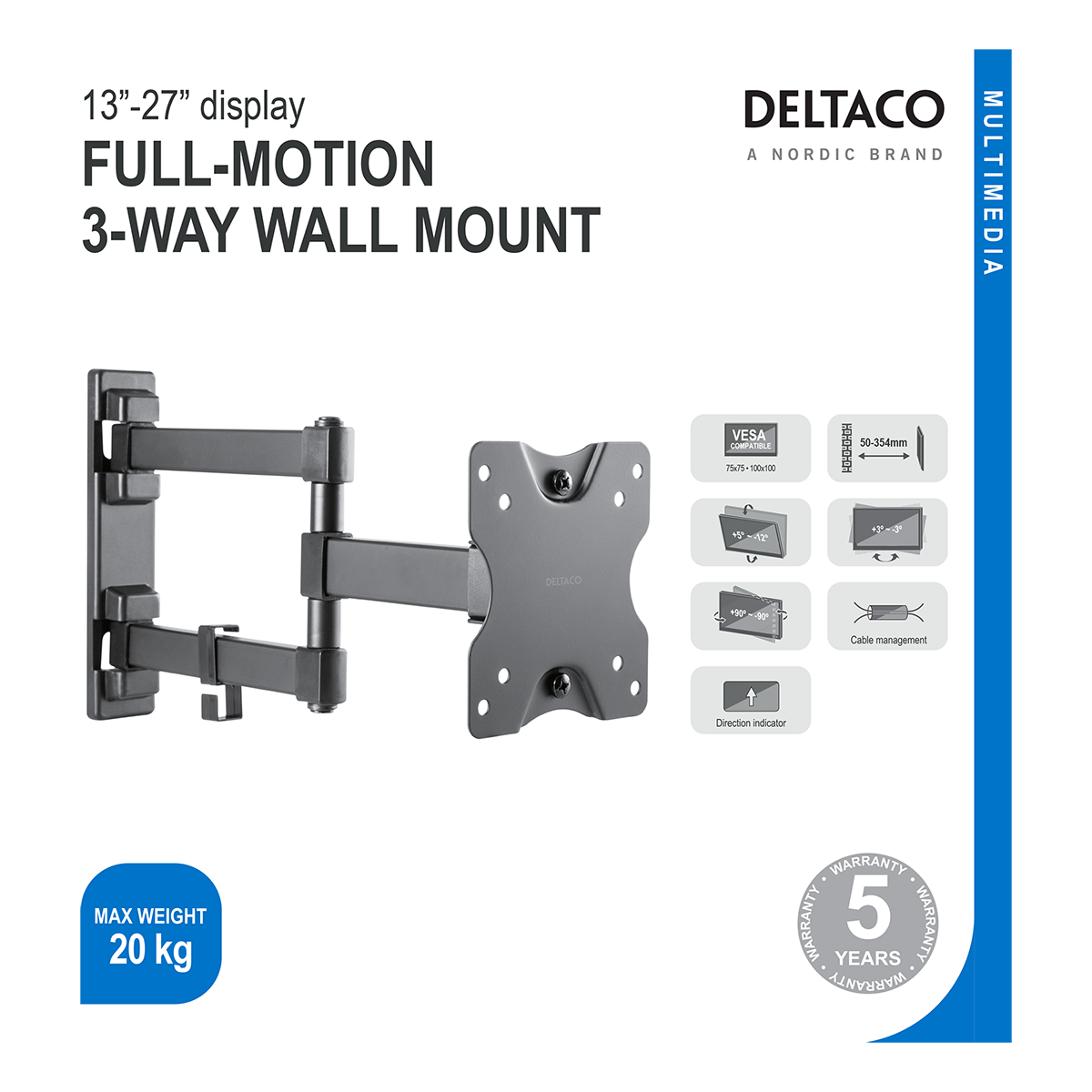 Deltaco fullt vridbart 3-vägs väggfäste, 13"-27", 75x75-100x100