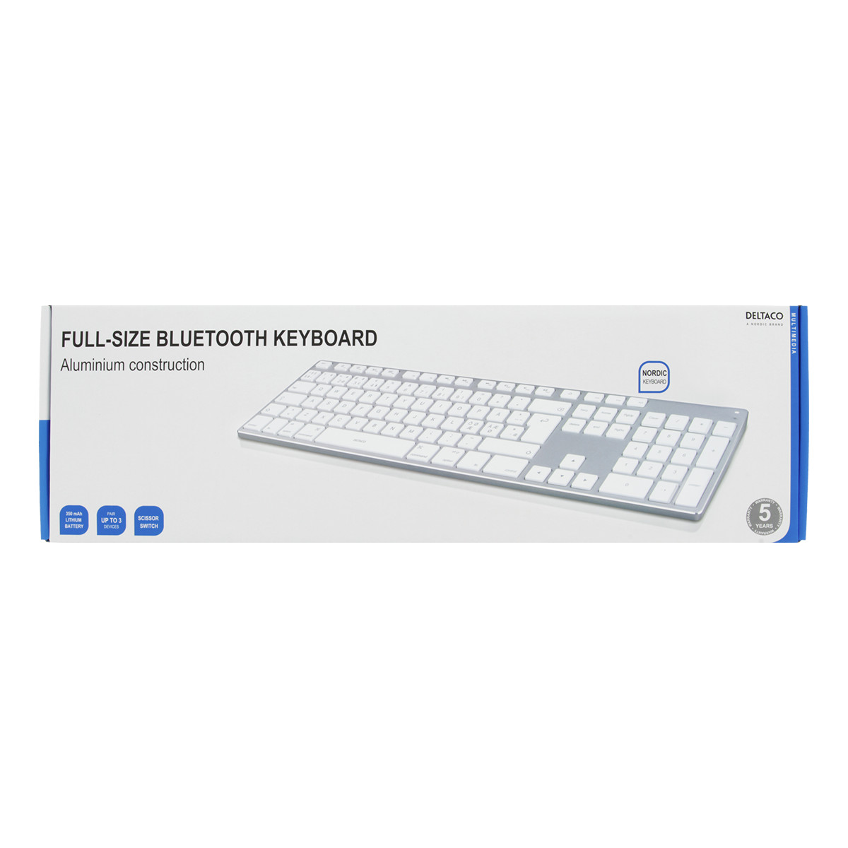 DELTACO fullsize bluetooth keyboard, aluminium, rechargeable battery,