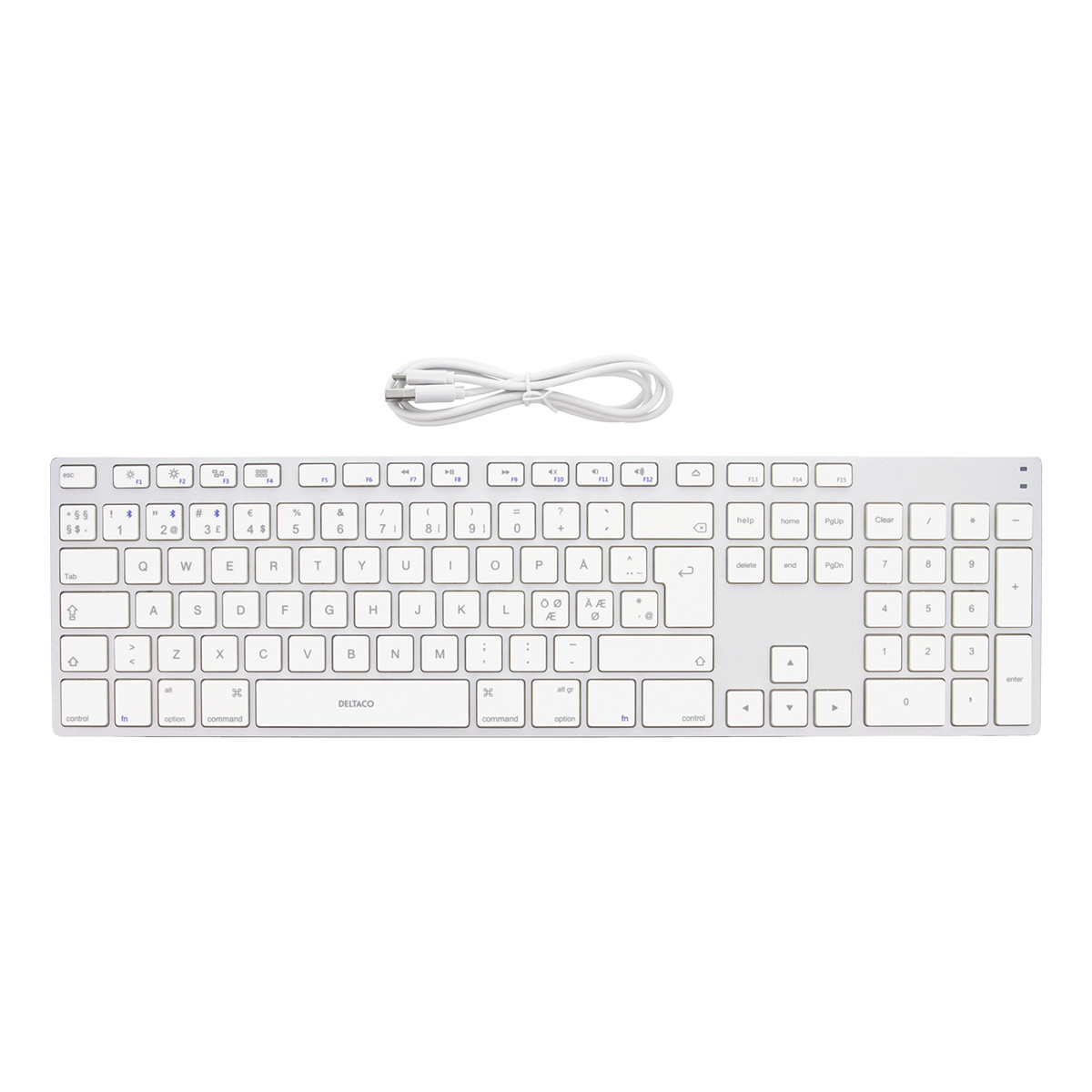 DELTACO fullsize bluetooth keyboard, aluminium, rechargeable battery,