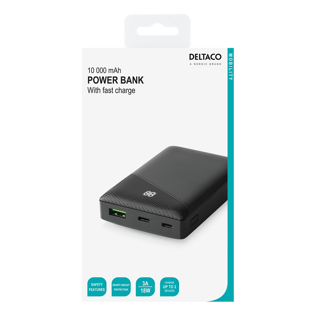 Deltaco Powerbank med snabbladdning, PD, USB-C, 10.000mAh