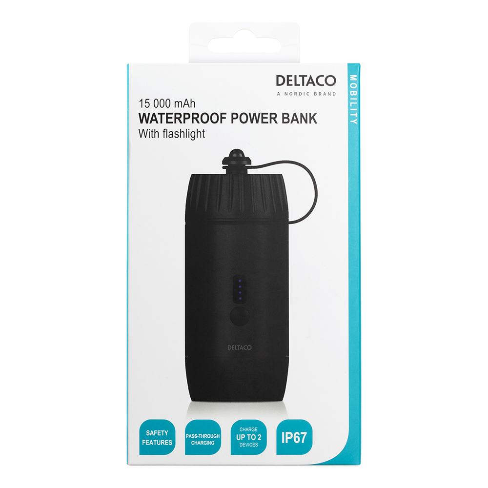 Deltaco USB-A and C Powerbank med ficklampa, 15 000mAh, svart