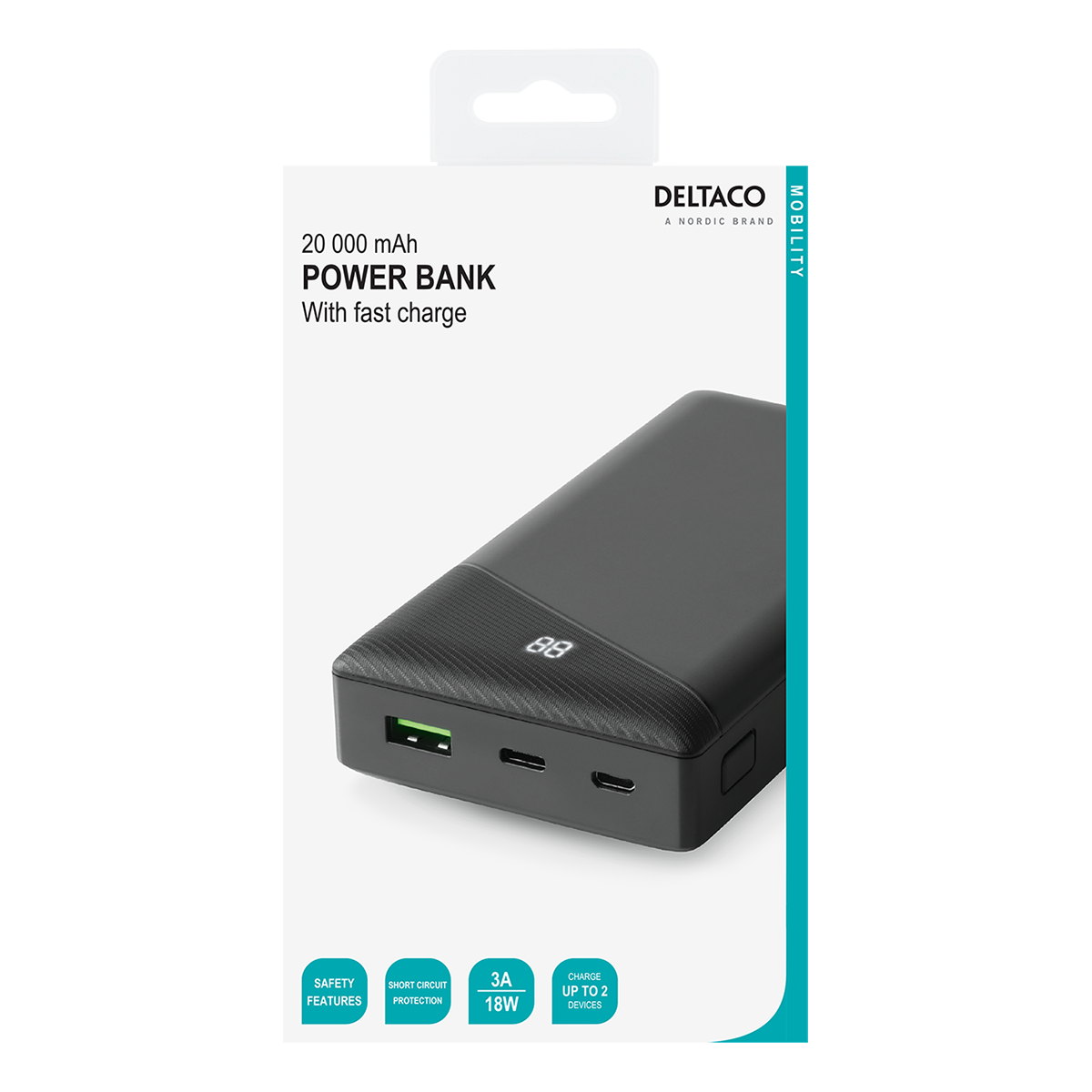 Deltaco Powerbank med snabbladdning, PD, USB-C, 20.000 mAh
