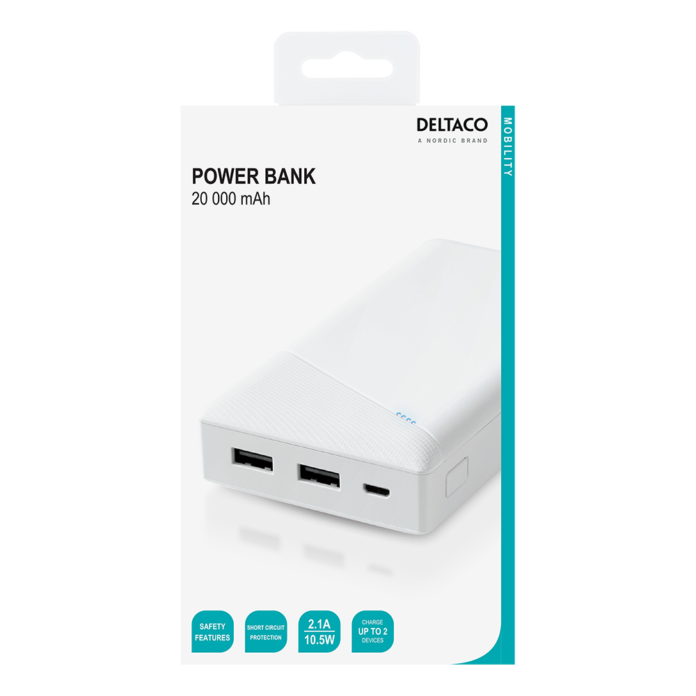 Deltaco Powerbank med 2xUSB-A, 20.000 mAh