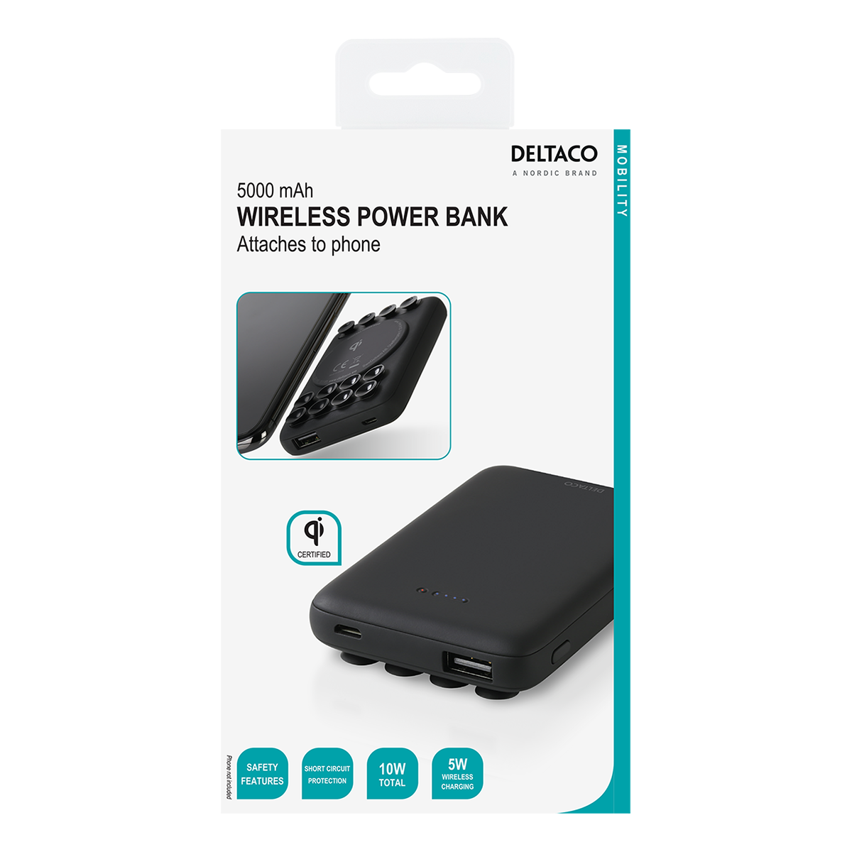 Deltaco Självhäftande Powerbank, Qi-certifierad, 5.000 mAh