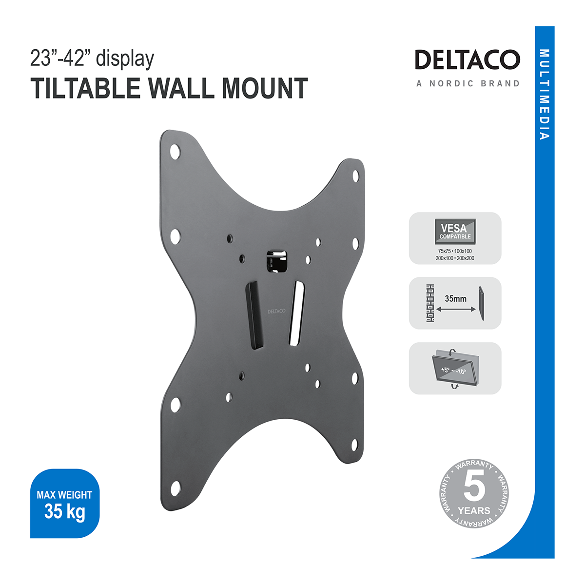 Deltaco Lutbart väggfäste för upp till 35kg, 75x75-200x200