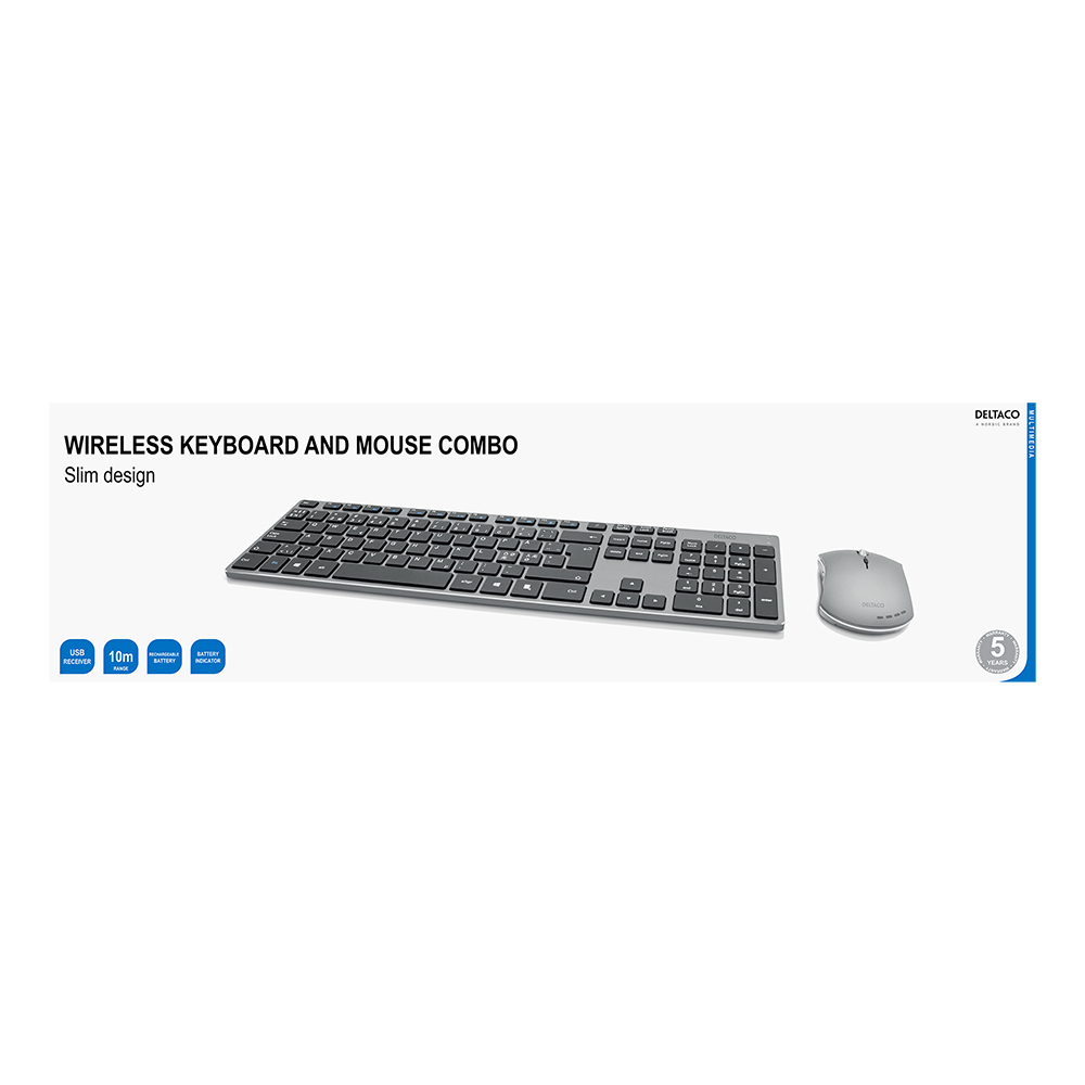 Deltaco trådlöst tangentbord och mus, uppladdningsbara, grå