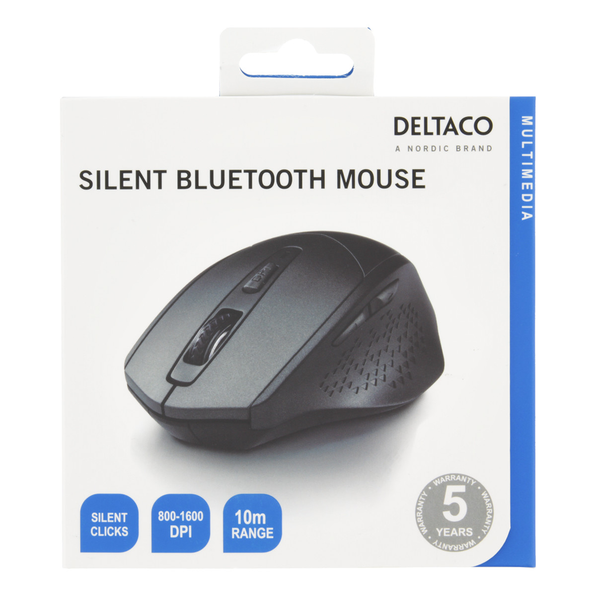 Deltaco tyst trådlös mus, bluetooth, 1x AA, 800-1600 DPI, grå