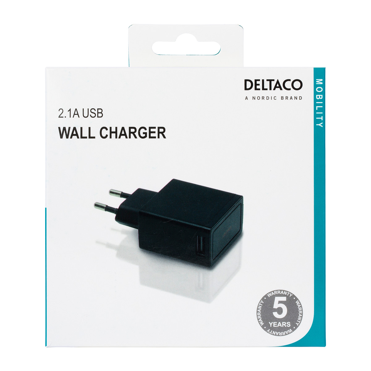 DELTACO väggladdare 230 V/5 V USB, 2,1 A, 1x USB-port, retail, svart