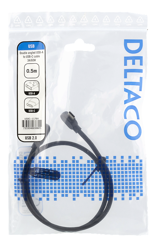 Deltaco vinklad USB-A till vinklad USB-C kabel, 0.5m