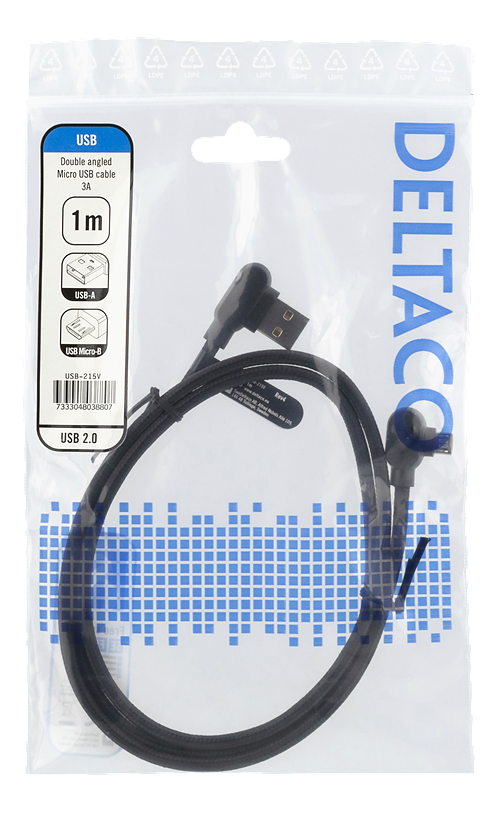 Deltaco vinklad USB-A till vinklad USB Micro-B, 1m