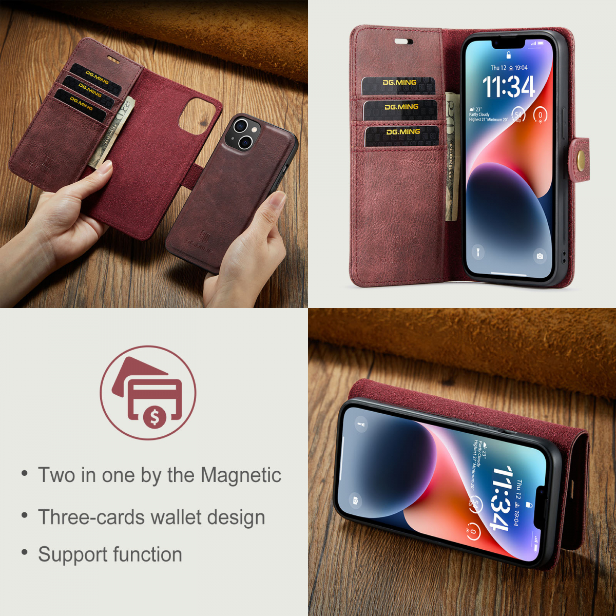 DG.MING Läderfodral med magnetskal, iPhone 14 Plus, röd