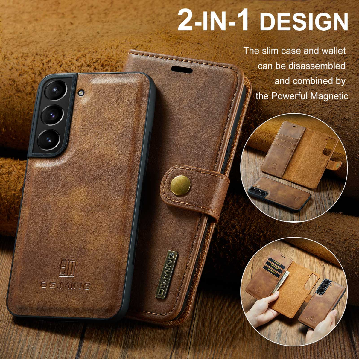 DG.MING Läderfodral med magnetskal, Samsung S22, brun