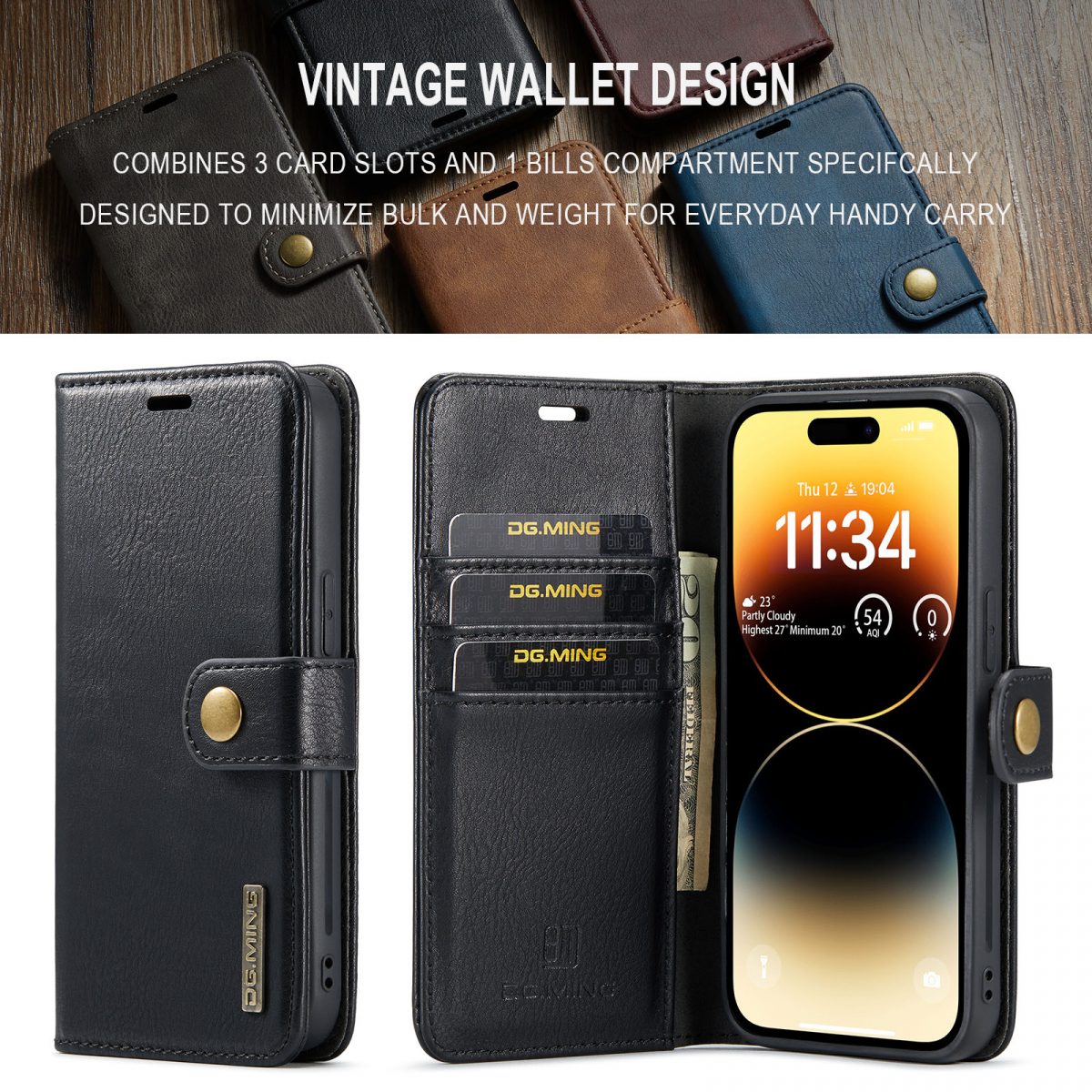 DG.MING Läderfodral med magnetskal, iPhone 14 Pro, svart