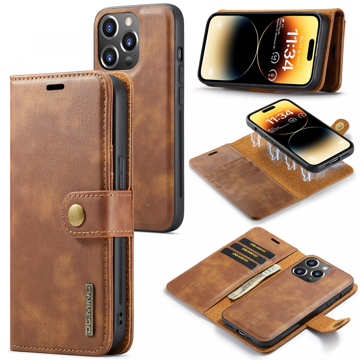 DG.MING Läderfodral med magnetskal, iPhone 14 Pro, brun