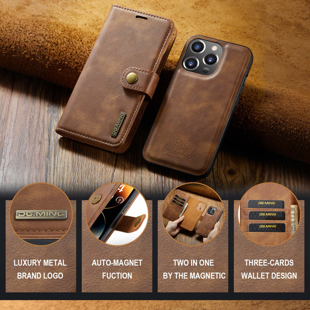 DG.MING Läderfodral med magnetskal, iPhone 14 Pro, brun