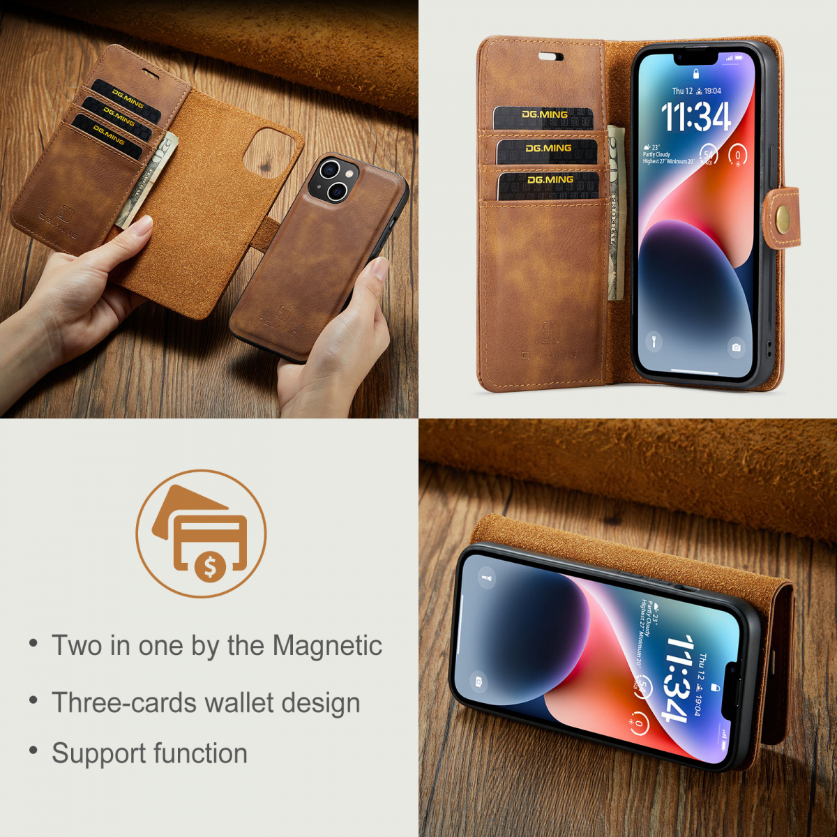 DG.MING Läderfodral med magnetskal, iPhone 14, brun
