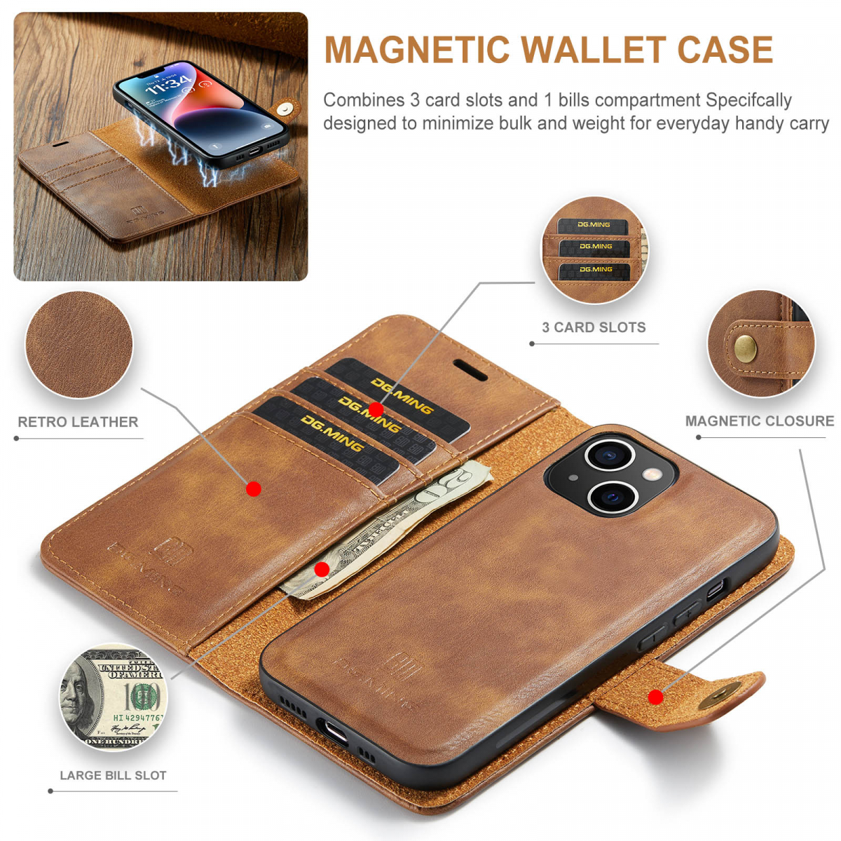 DG.MING Läderfodral med magnetskal, iPhone 14, brun