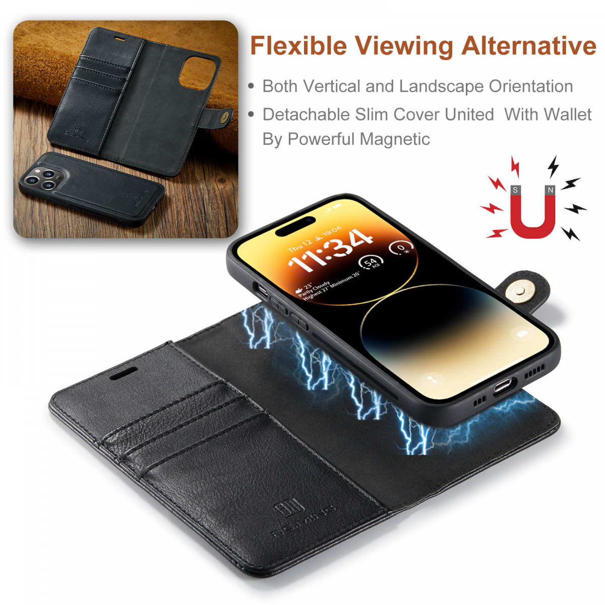 DG.MING Läderfodral med magnetskal, iPhone 14 Pro Max, svart