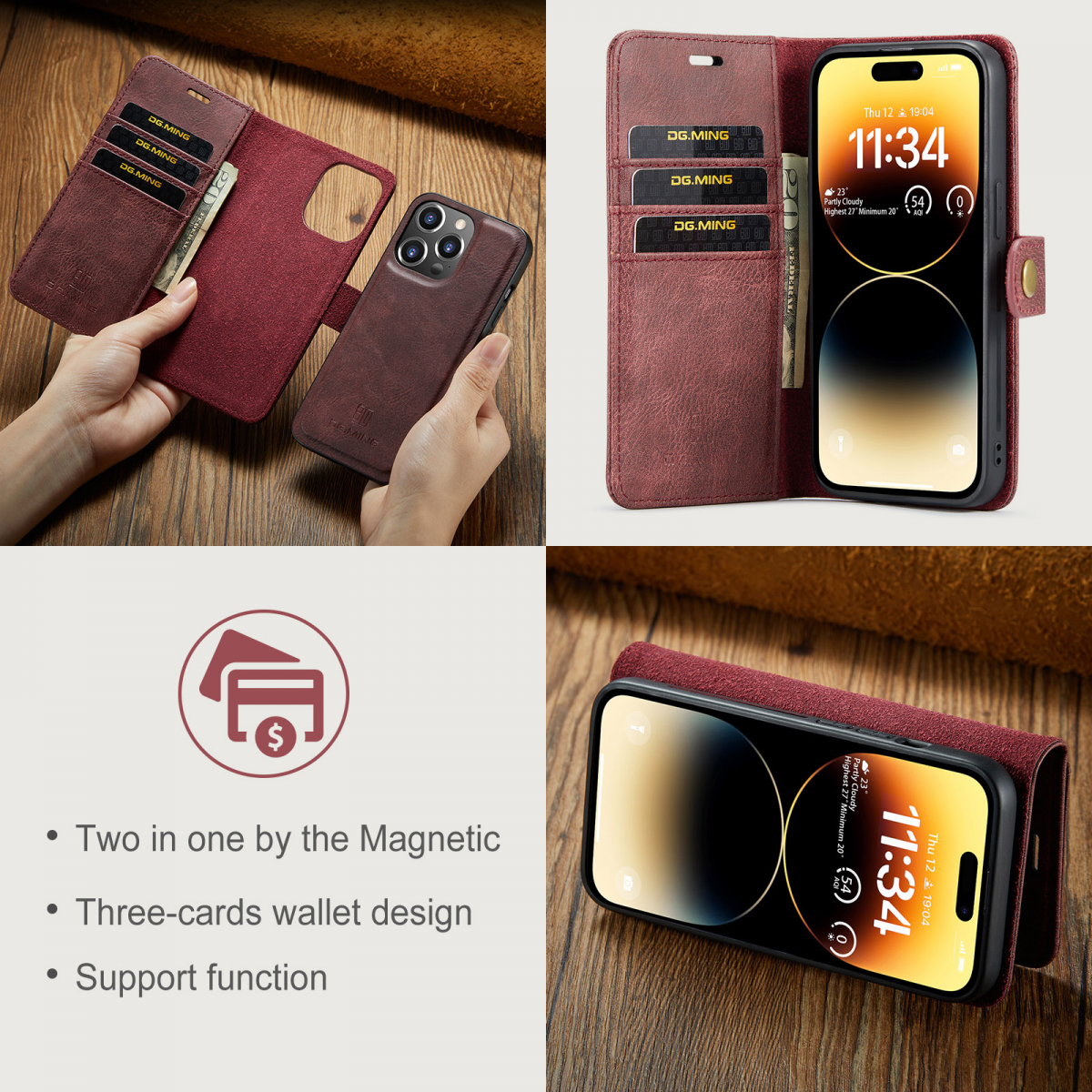 DG.MING Läderfodral med magnetskal, iPhone 14 Pro Max, röd