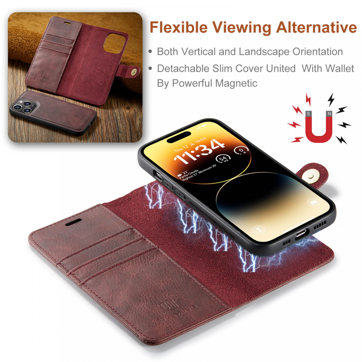 DG.MING Läderfodral med magnetskal, iPhone 14 Pro Max, röd