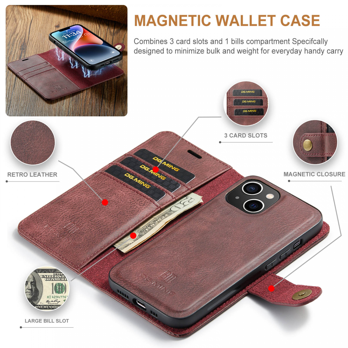 DG.MING Läderfodral med magnetskal, iPhone 14, röd