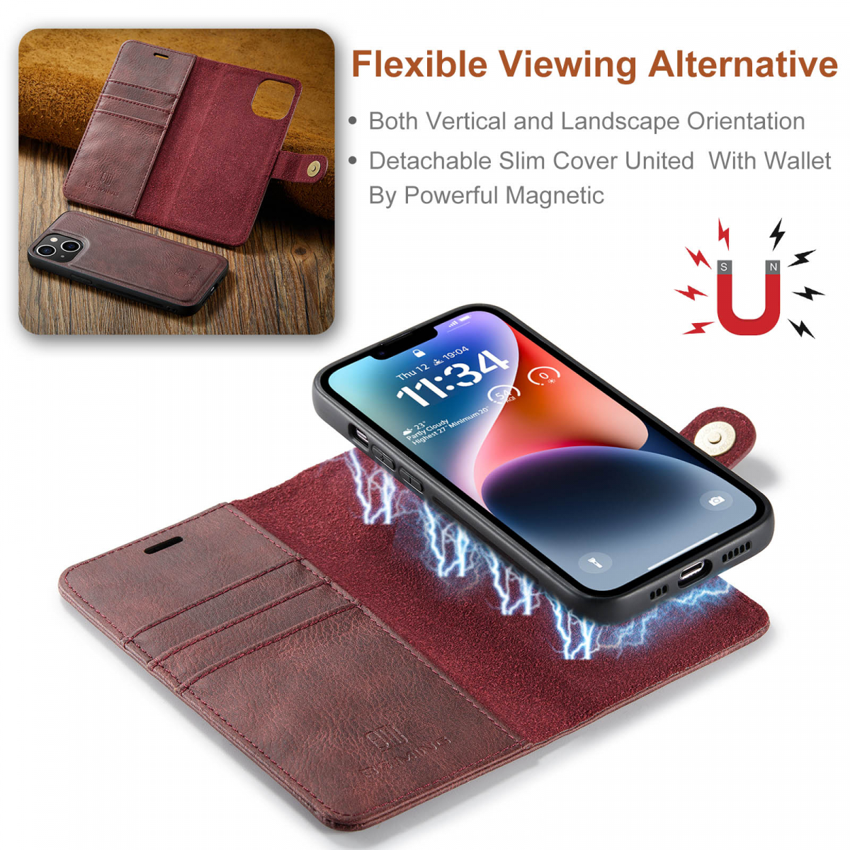 DG.MING Läderfodral med magnetskal, iPhone 14, röd