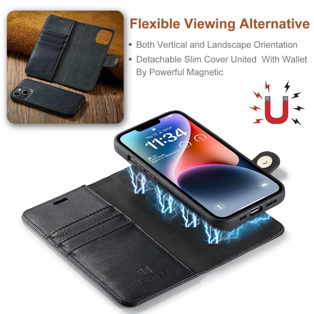 DG.MING Läderfodral med magnetskal, iPhone 14 Plus, svart