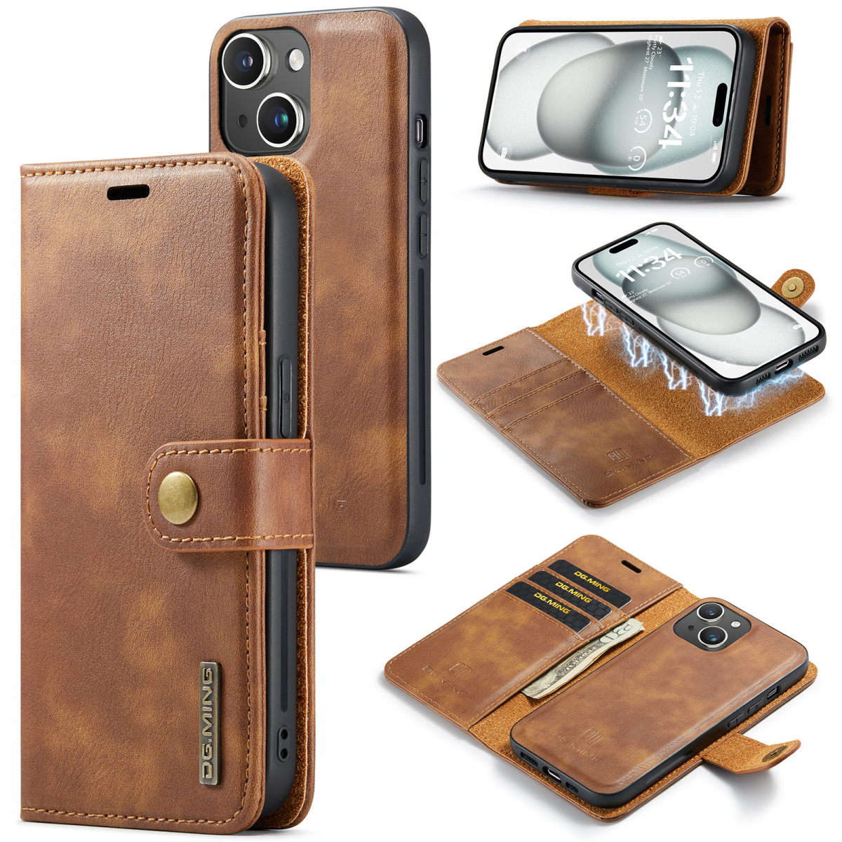 DG.MING Läderfodral med magnetskal, iPhone 15 Plus, brun