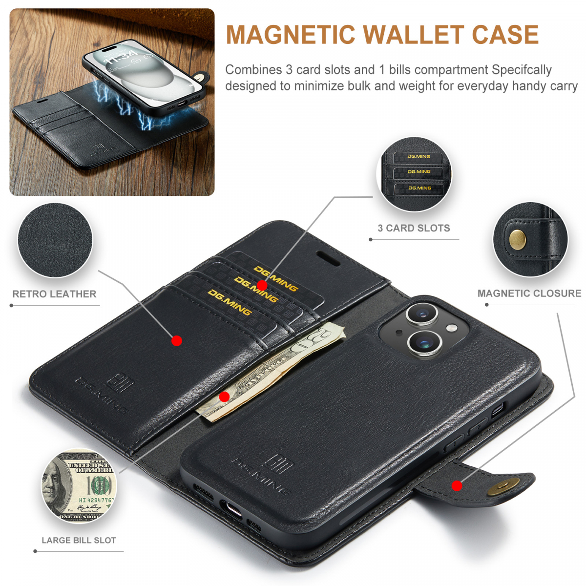 DG.MING Läderfodral med magnetskal, iPhone 15 Plus, svart