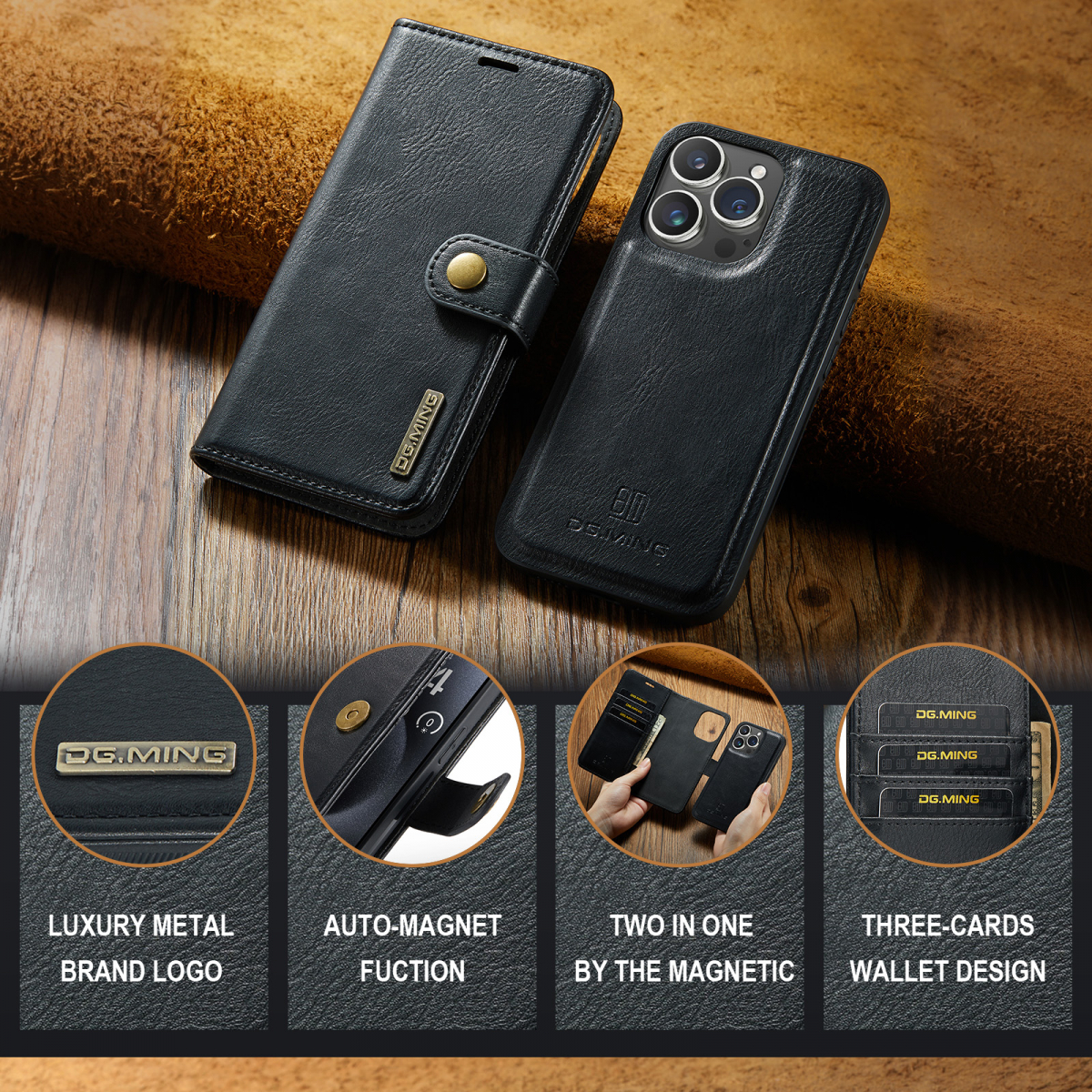 DG.MING Läderfodral med magnetskal, iPhone 15 Pro Max, svart