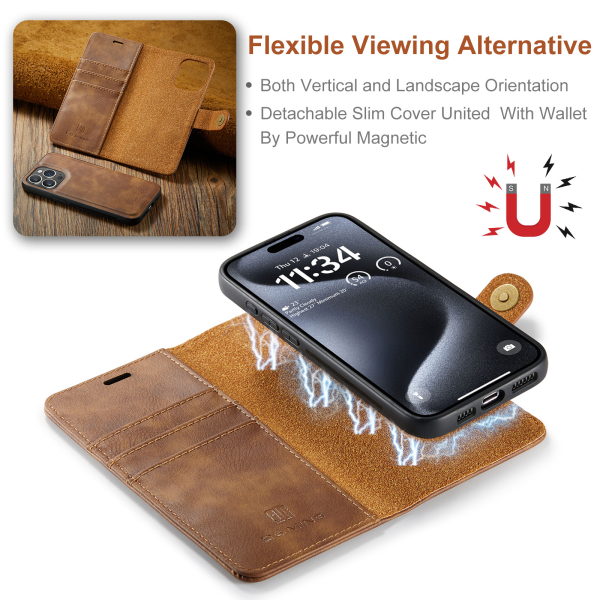 DG.MING Läderfodral med magnetskal, iPhone 15 Pro, brun
