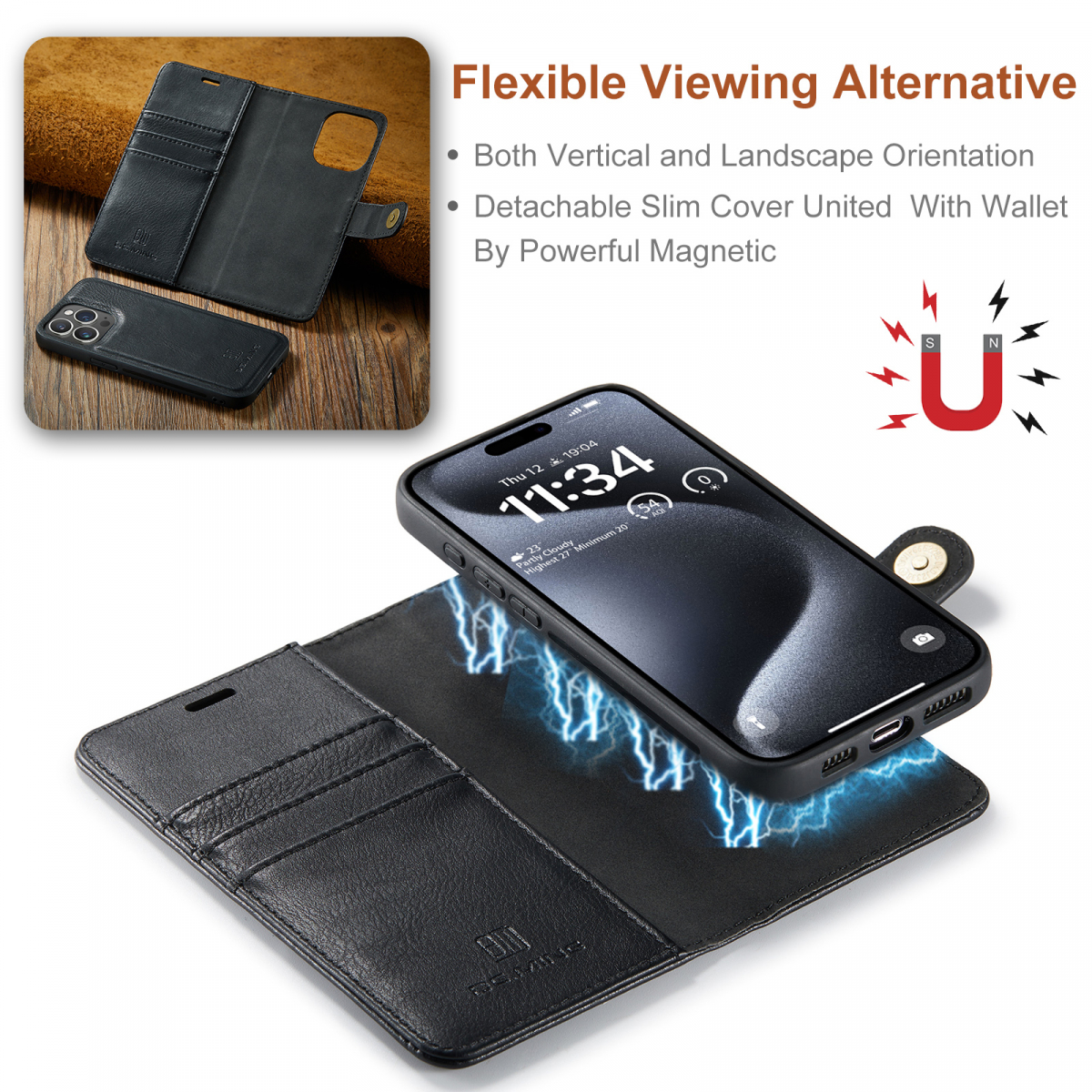 DG.MING Läderfodral med magnetskal, iPhone 15 Pro, svart