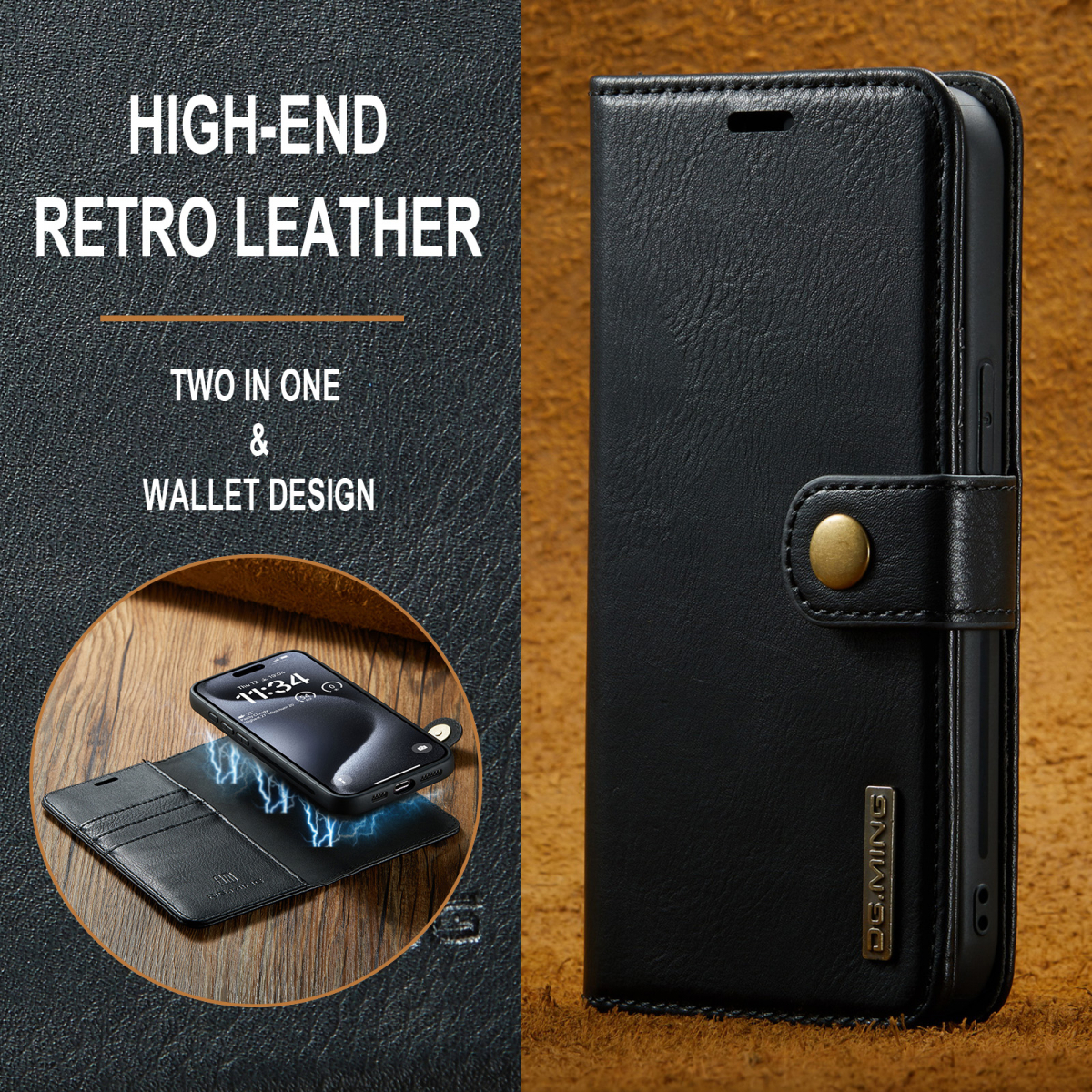 DG.MING Läderfodral med magnetskal, iPhone 15 Pro, svart
