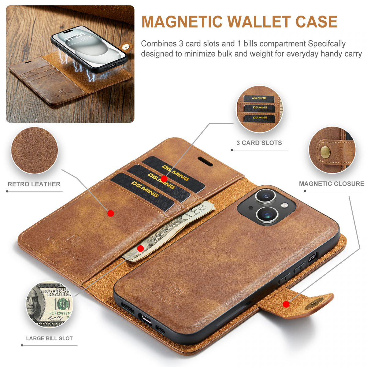 DG.MING Läderfodral med magnetskal, iPhone 15, brun