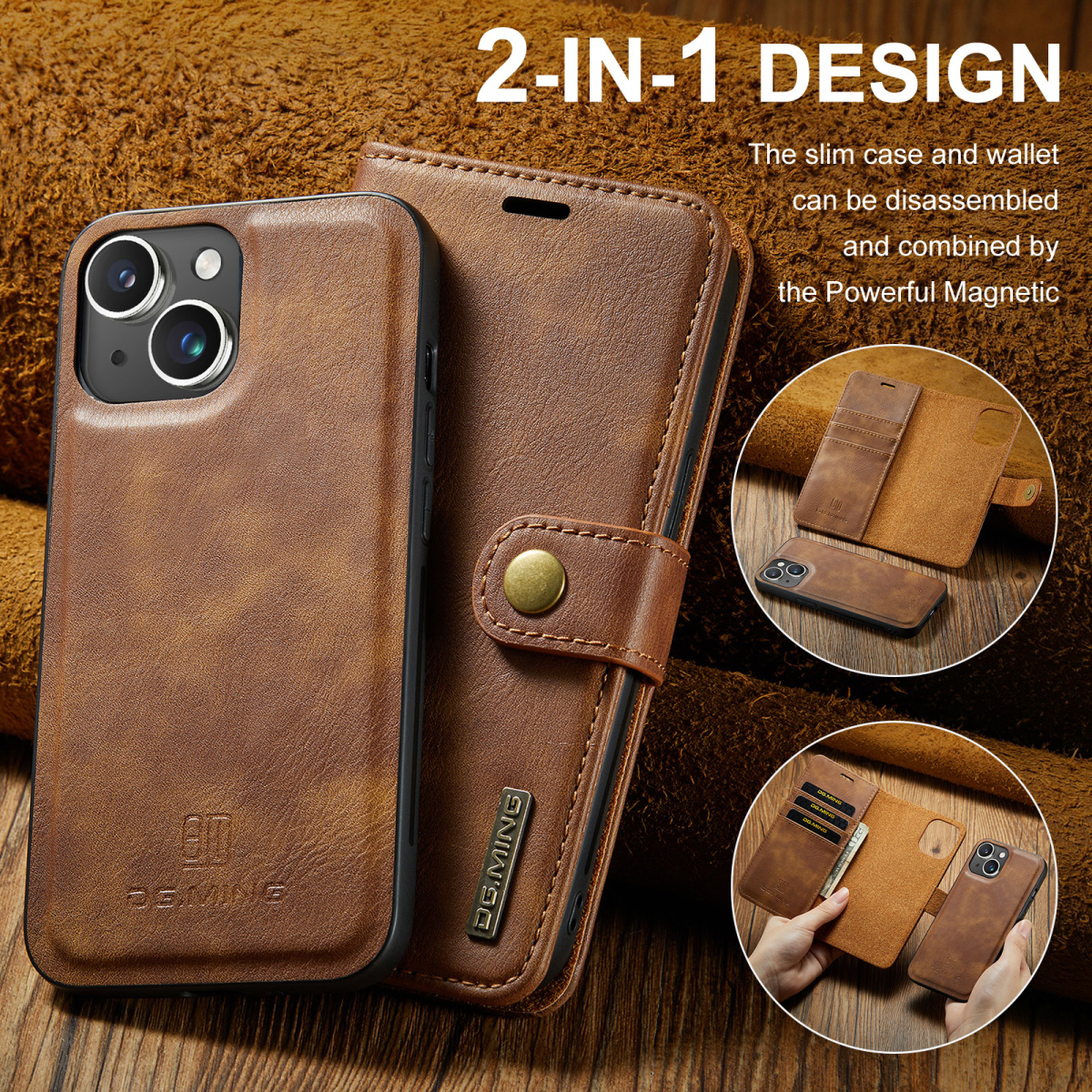 DG.MING Läderfodral med magnetskal, iPhone 15, brun